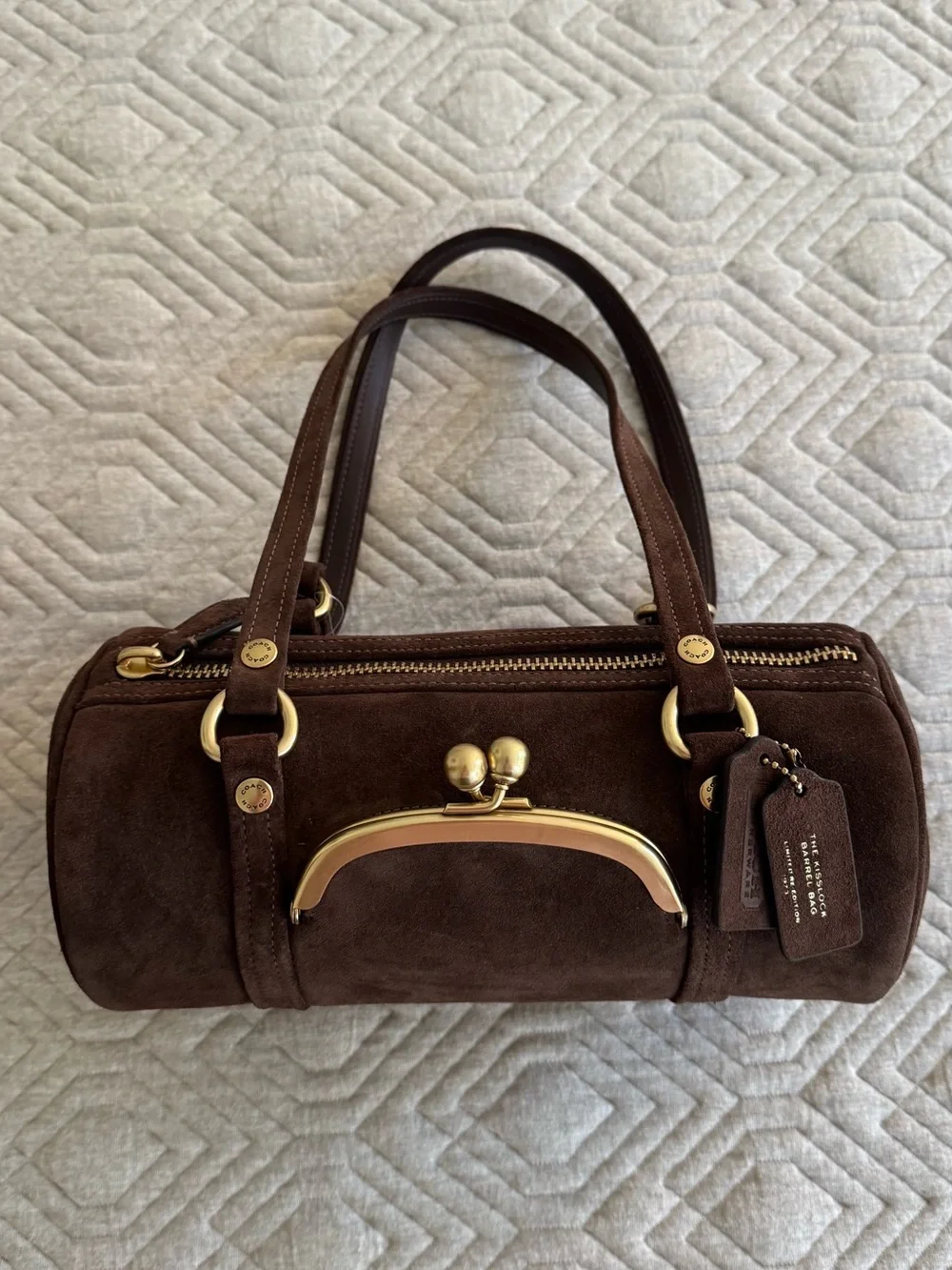 Coach Kisslock Barrel Bag 28 in Dark Chocolate Brown Suede with Brass Hardware